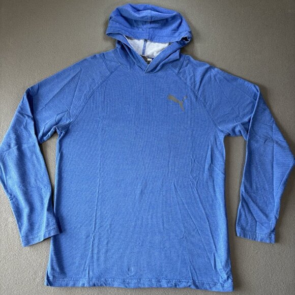 Puma Mens XL Blue Gray Logo Hoodie Pullover Long Sleeve Active Running Gymwear - Picture 1 of 16